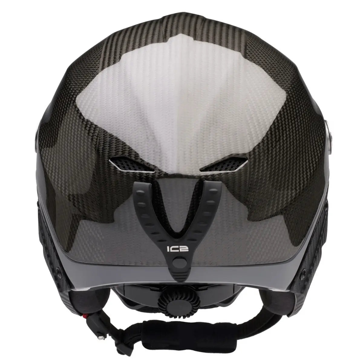 Icaro Nevo Vollcarbon Flughelm mit charakteristischem Carbonfasermuster, aerodynamischem Design und ICE-Logo auf der Rückseite.