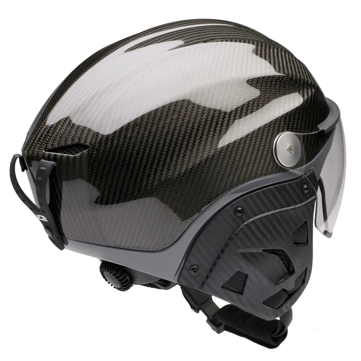 Exklusiver Vollcarbon Flughelm mit Visier und aerodynamischem Design, glänzende Carbonfaser-Oberfläche.