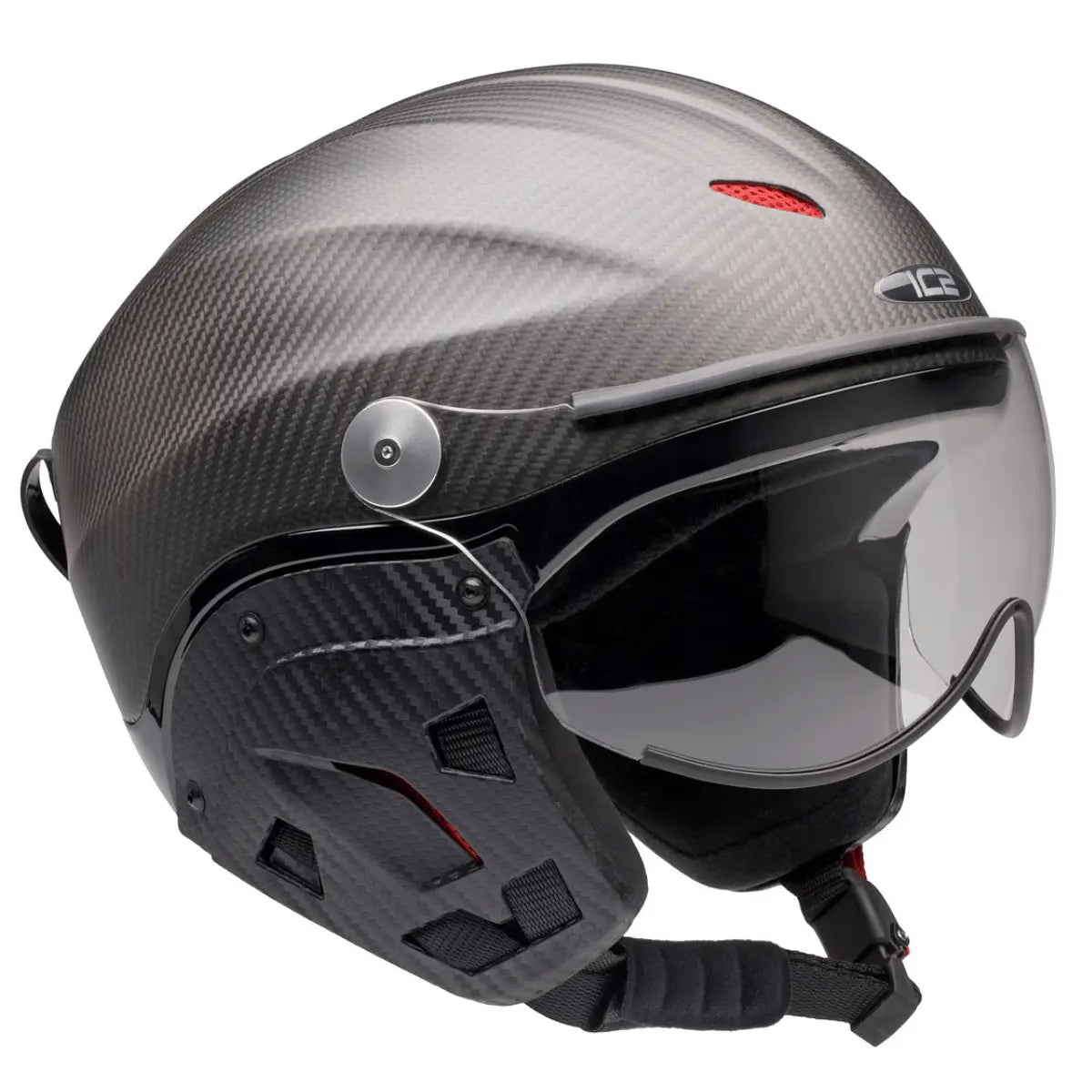 Exklusiver Vollcarbon-Flughelm im Icaro Nevo Design, mit integriertem Visier und roten Belüftungselementen, ideal für Piloten.