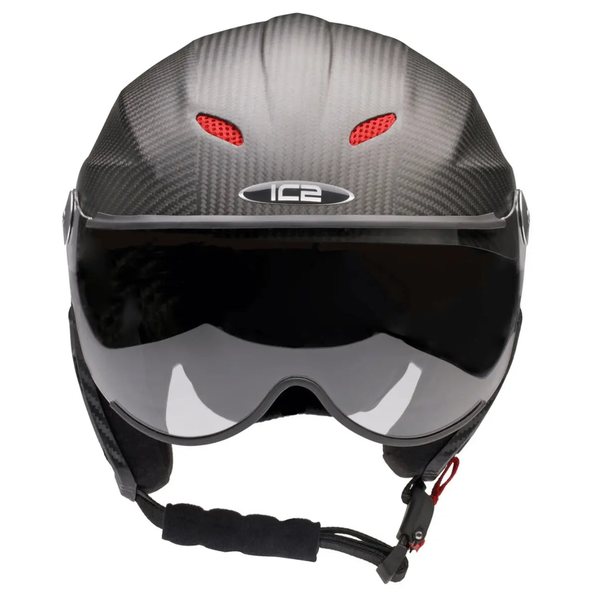 Exklusiver Vollcarbon Flughelm in mattem Carbon-Look mit integriertem Visier und roten Lufteinlässen, ideal für Piloten.