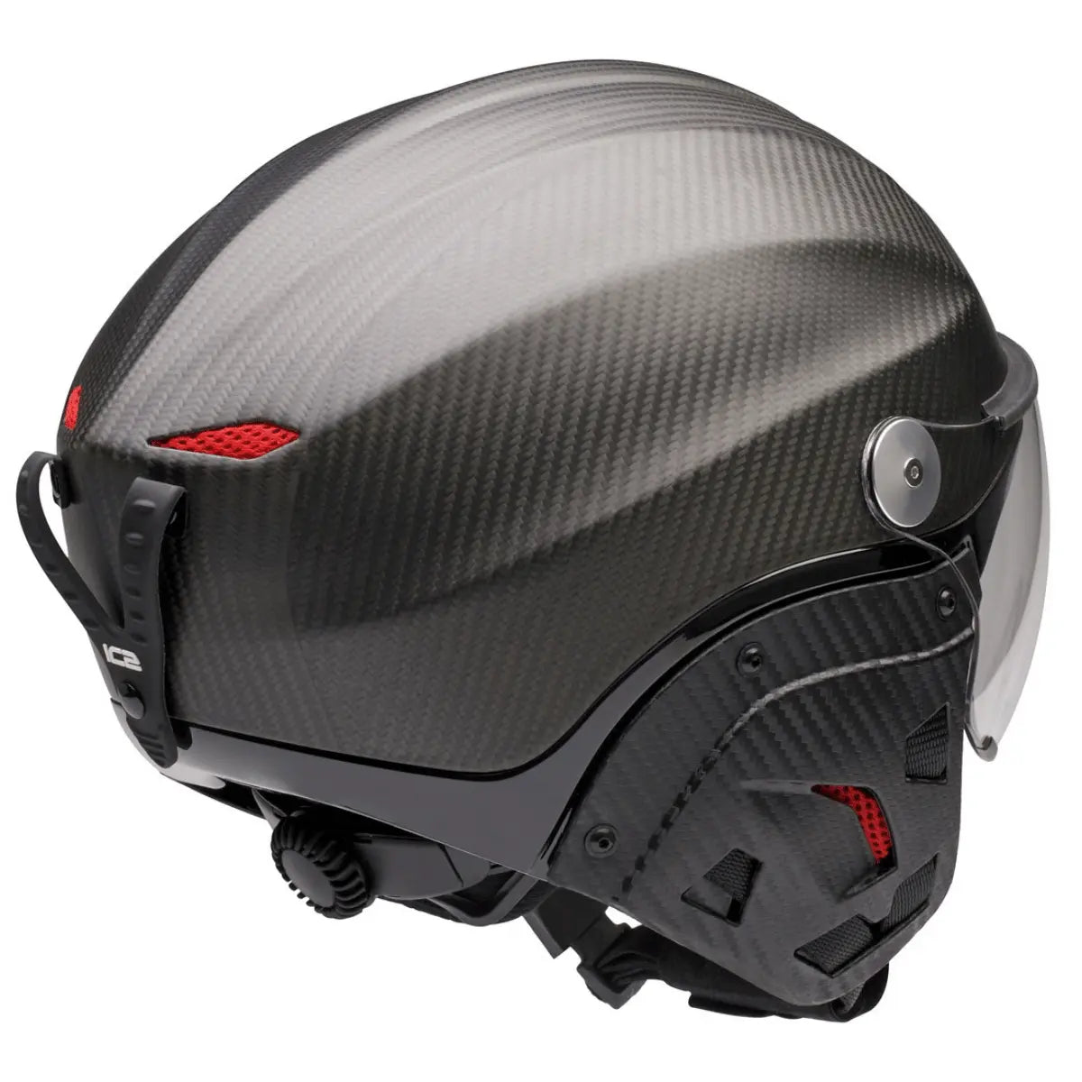 Exklusiver Vollcarbon Flughelm im Icaro Nevo Design mit integriertem Visier und roten Akzenten, matte Oberfläche.