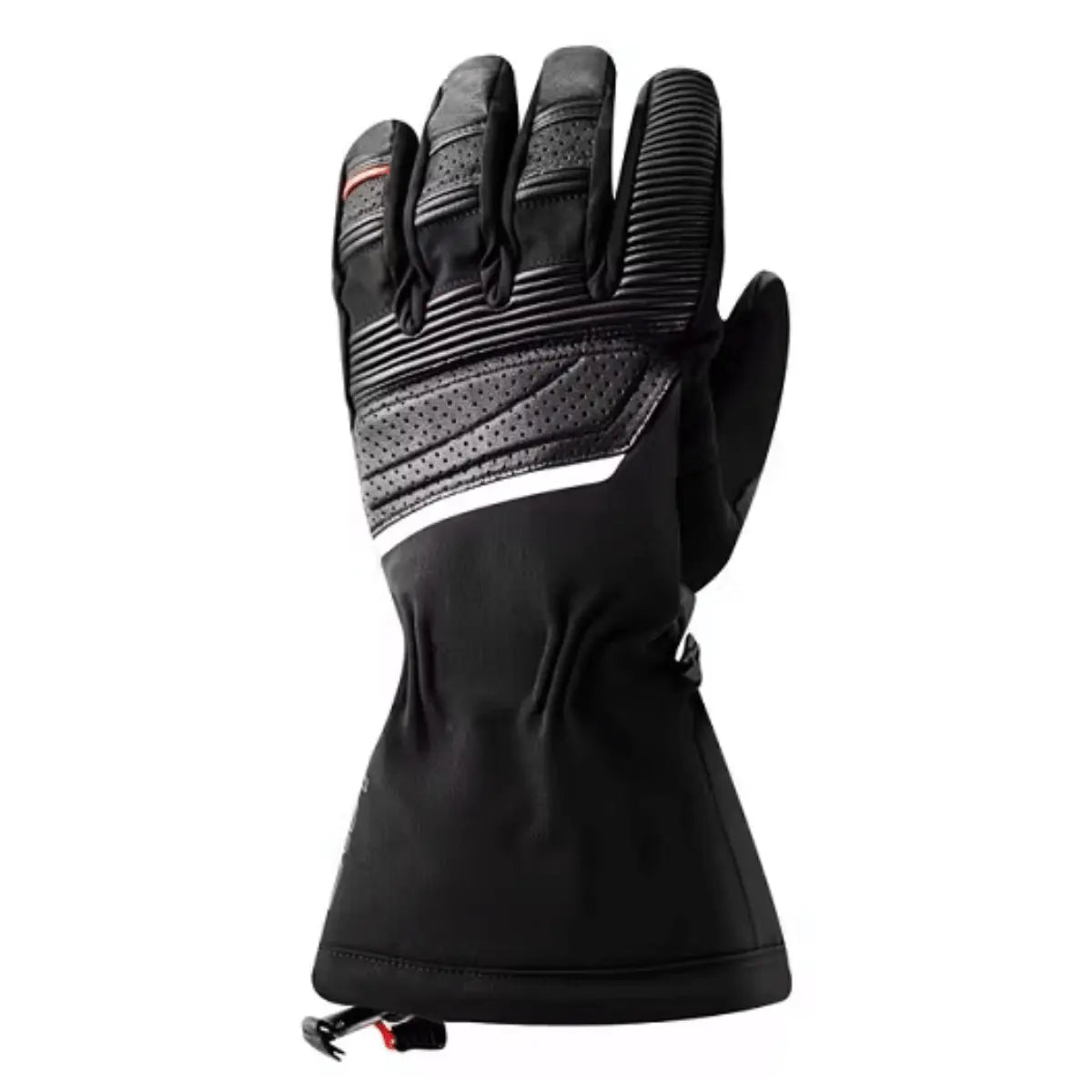 Schwarzer Herren-Skihandschuh Lenz HEAT Glove 6.0 mit Riemenverschluss und Heizfunktion, aus Leder und Textil, mit perforierten Einsätzen.