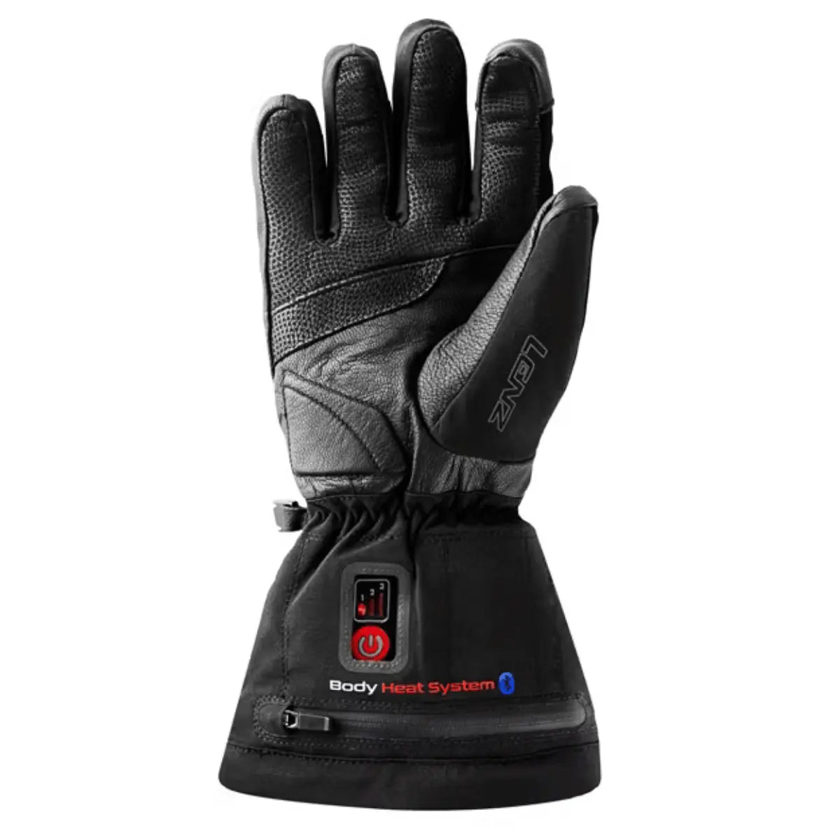 Schwarze Lenz beheizte Handschuhe für Herren, aus Leder und Textil, mit Power-Knopf und Bluetooth-Symbol.