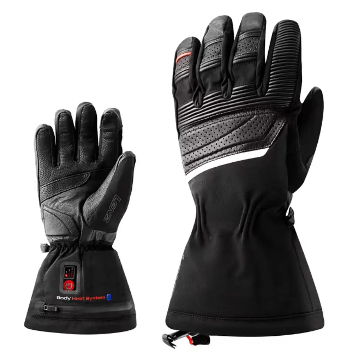 Schwarze beheizbare Lenz HEAT Glove 6.0 Herren Handschuhe mit Lederdetails und integriertem Body Heat System-Controller.
