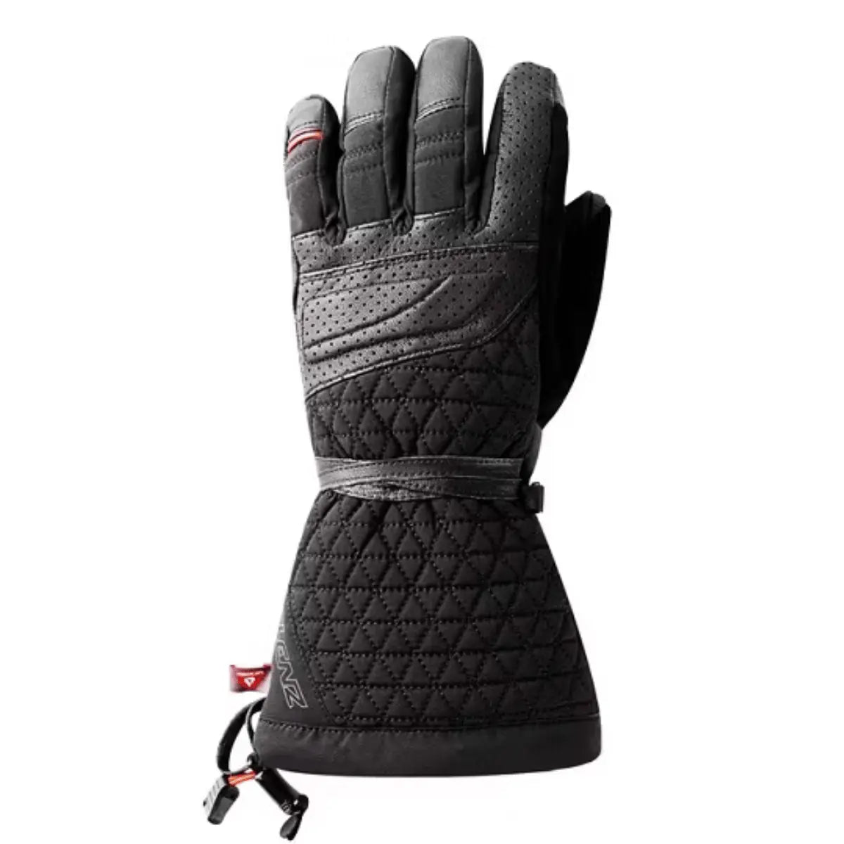 Schwarze Damen-Skihandschuhe von Lenz, Modell HEAT Glove 6.0, mit gestepptem Design, Lederdetails und verstellbarem Riemen.