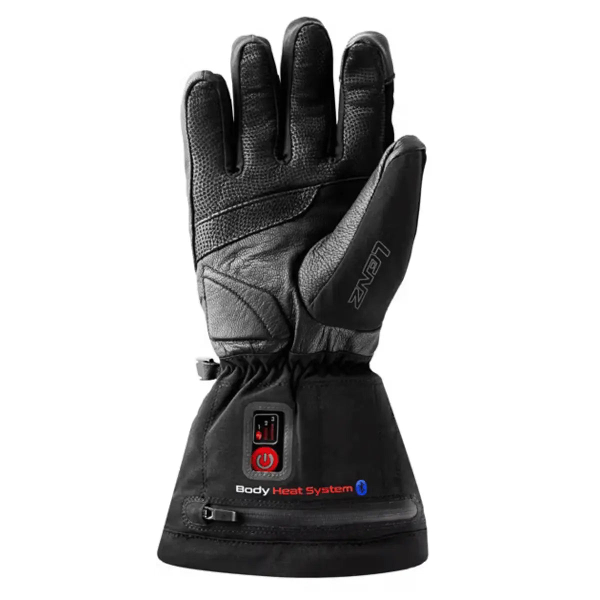 Schwarzer Damen-Heizhandschuh von Lenz aus Leder und Textil mit integriertem Body Heat System und Bedienelement.