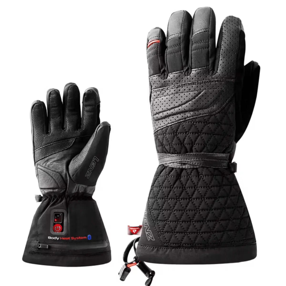 Schwarze Lenz HEAT Glove 6.0 Damen Skihandschuhe aus Leder und Textil, mit Heizelementen und Bedienknöpfen.