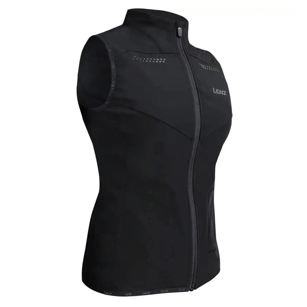 Schwarze, ärmellose beheizbare Weste von Lenz mit durchgehendem Reißverschluss und dezentem Markenlogo, ideal für Outdoor-Aktivitäten.