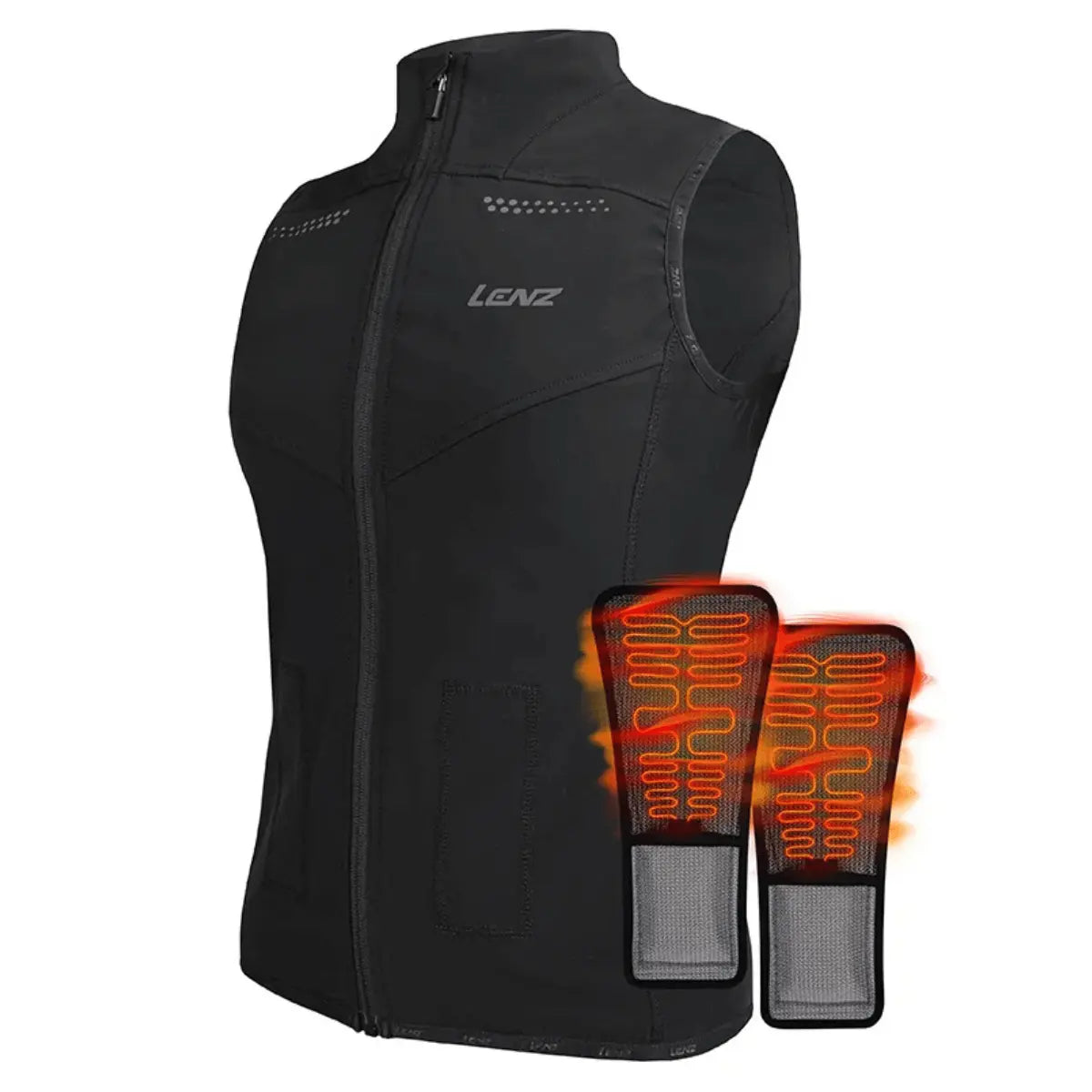 Schwarze Lenz beheizte Weste mit Reißverschluss, zwei integrierten Heizelementen und reflektierenden Details für Outdoor-Aktivitäten.