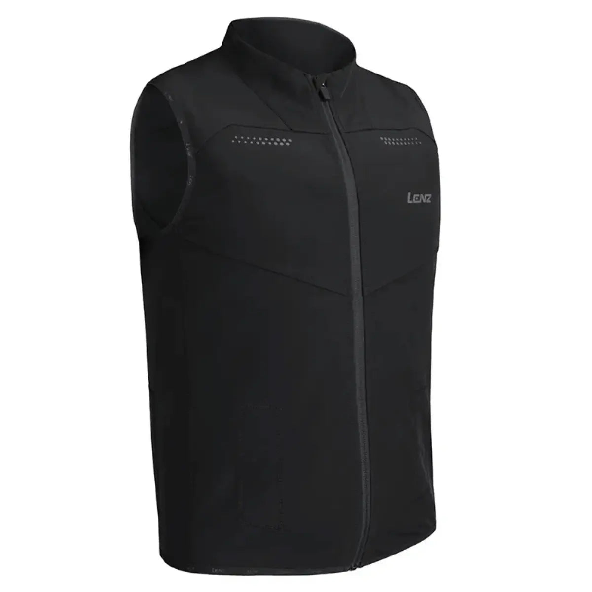 Schwarze, ärmellose Lenz HEAT Vest 1.2 mit durchgehendem Reißverschluss und reflektierenden Details auf der Brust.