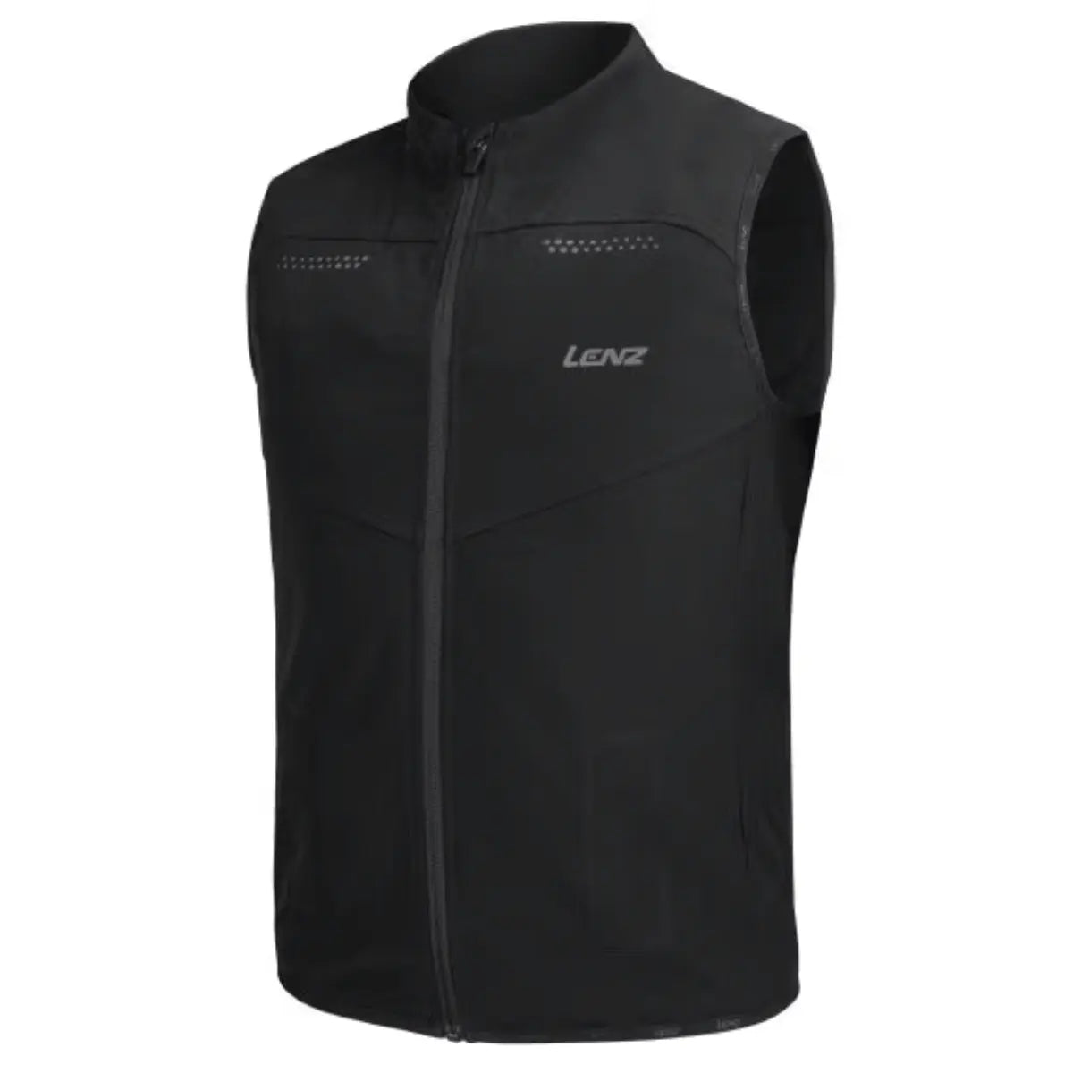 Schwarze Lenz HEAT Weste 1.2 mit durchgehendem Reißverschluss und reflektierenden Details, ideal für Outdoor-Aktivitäten.