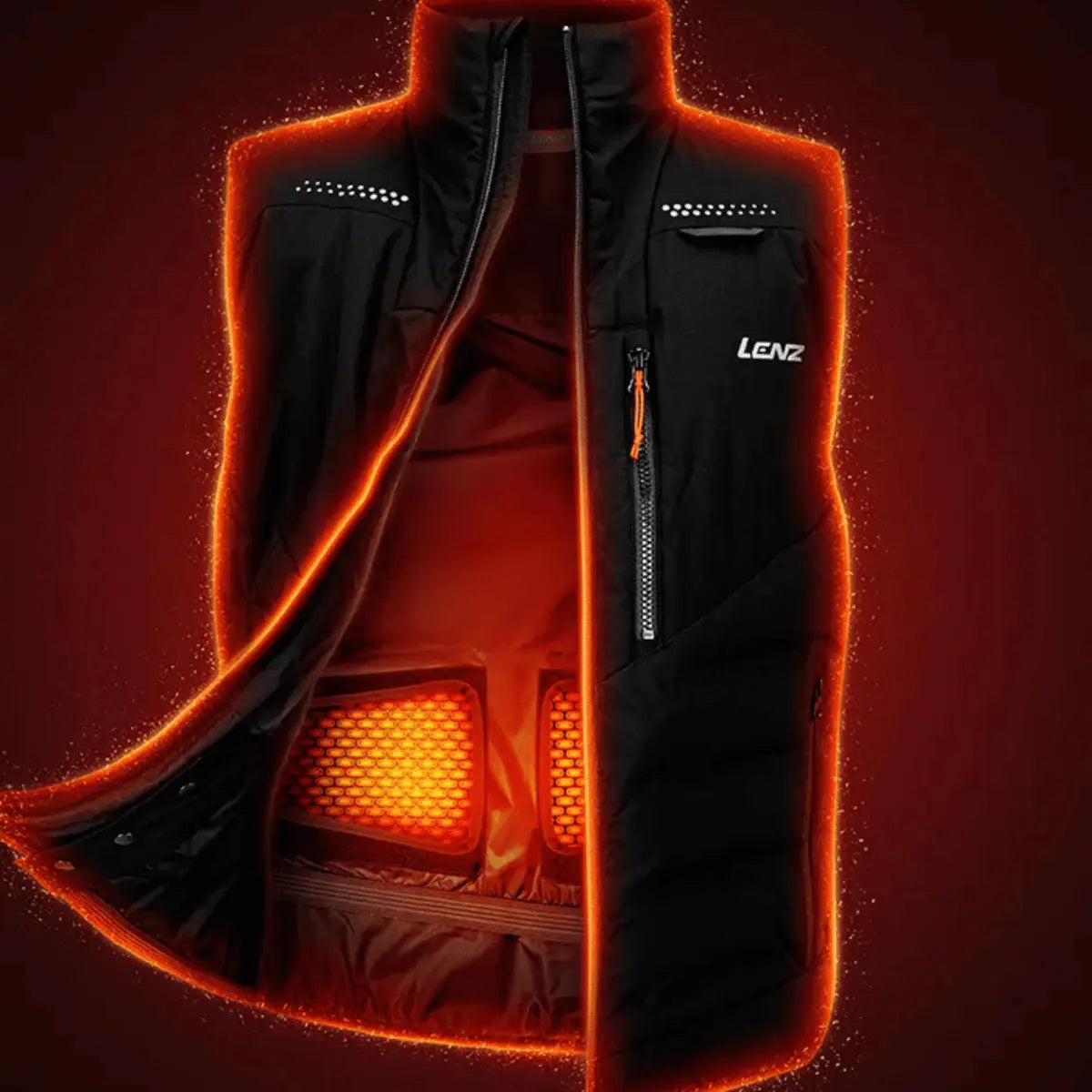 Schwarze Lenz beheizte Weste 3.0 mit integrierten Heizpads, ideal für Outdoor-Aktivitäten im Winter.