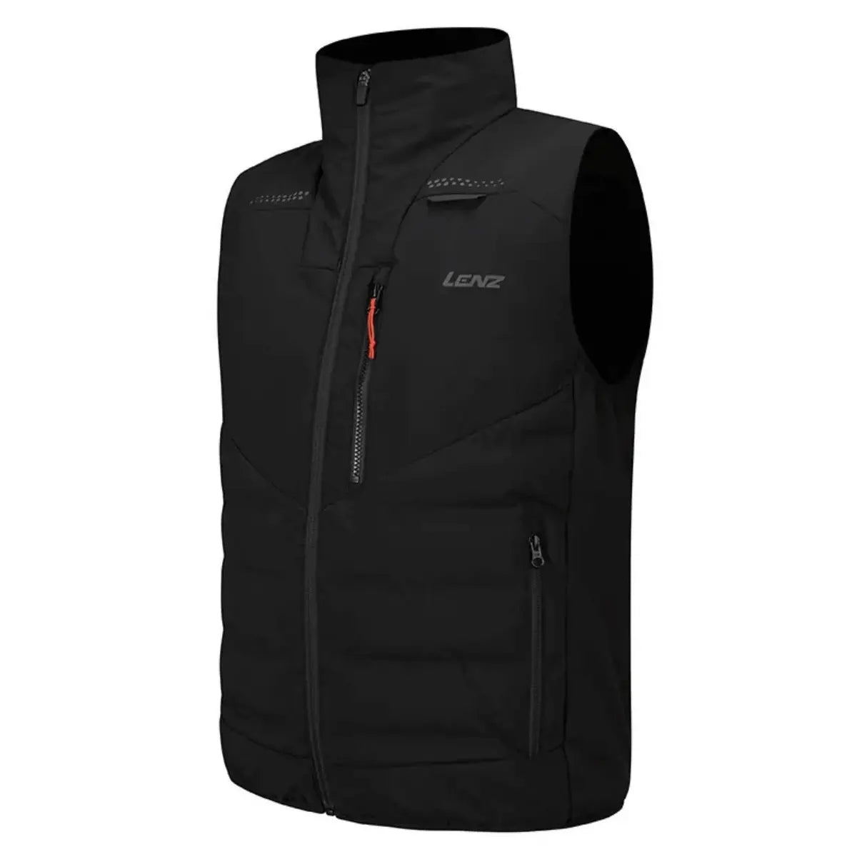 Schwarze Lenz Weste 3.0, gesteppt mit Stehkragen, Reißverschluss und mehreren Taschen, ideal für Outdoor-Aktivitäten.
