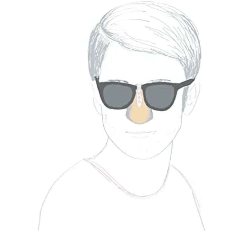 Nasen Sonnenschutz für Sonnenbrillen, skizziert als Mann mit Sonnenbrille. Effektiver Schutz gegen Sonneneinstrahlung, anpassbar und hautverträglich, ideal für Outdoor-Aktivitäten.