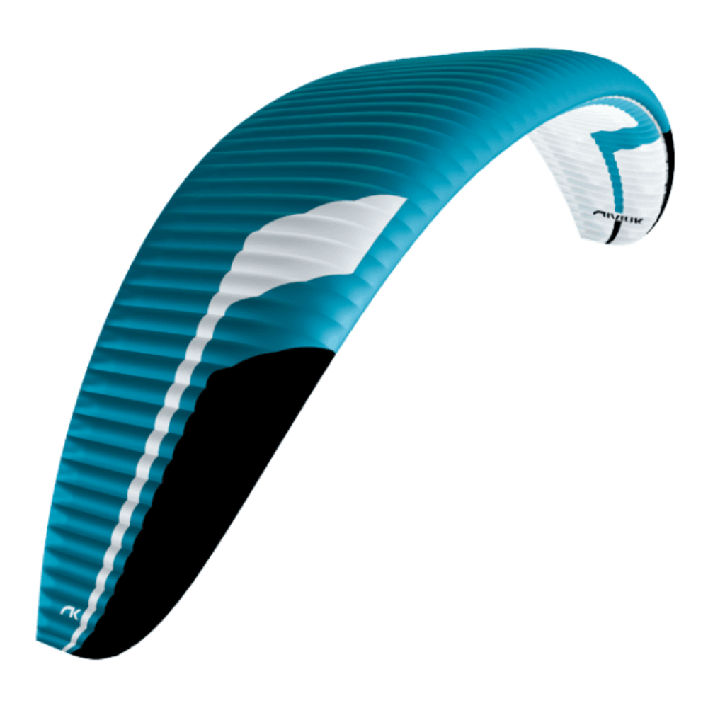 Niviuk Artik R 2 - Zweileiner, Paragliding-Schirm mit hoher Geschwindigkeit und Stabilität, ideal für Wettkampffliegen, gezeigt mit einem orangen und weiss-grünem Design im Gleitschirmshop.