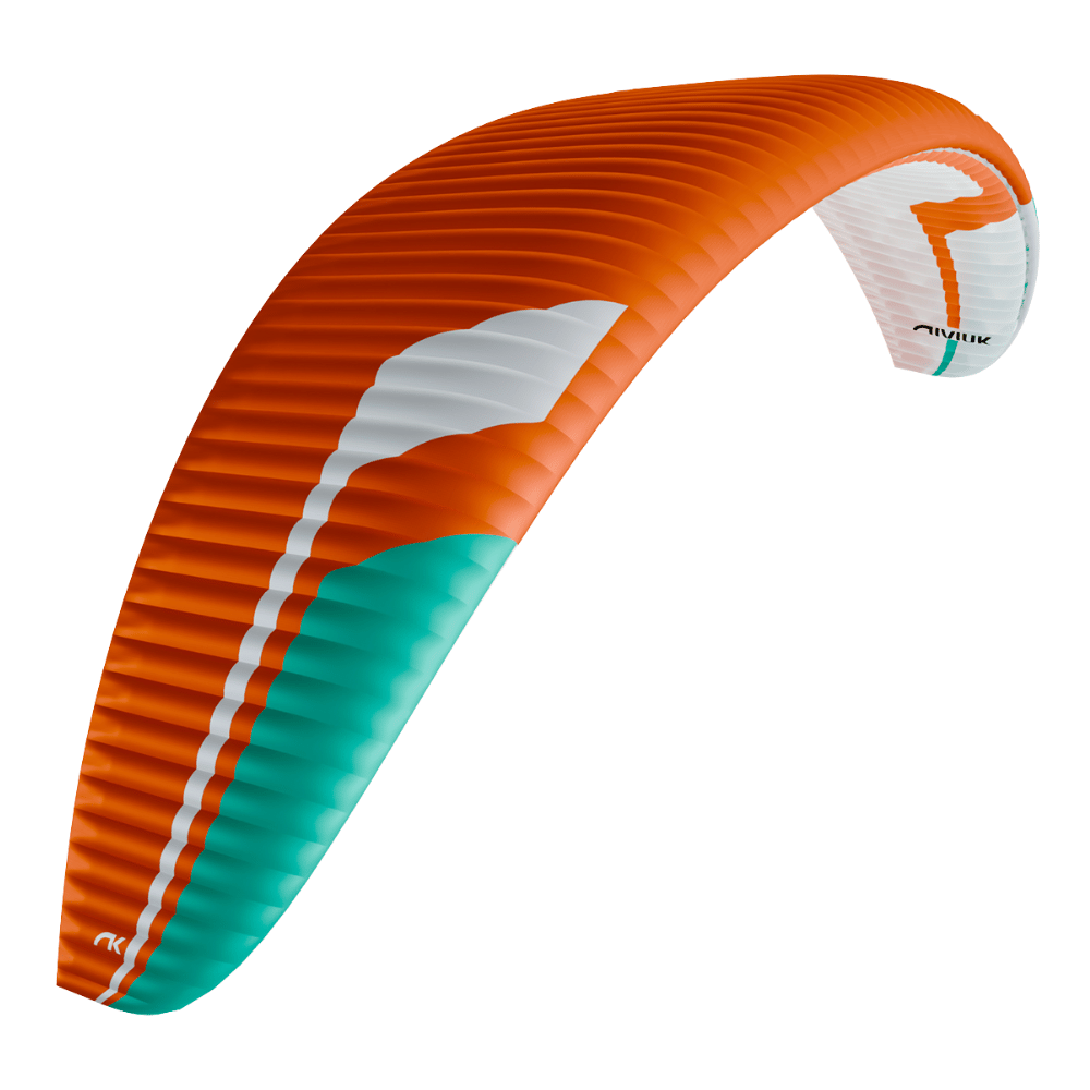 Niviuk Artik R 2 - Zweileiner, Paragliding-Schirm mit hoher Geschwindigkeit und Stabilität, ideal für Wettkampffliegen, gezeigt mit einem orangen und weiss-grünem Design im Gleitschirmshop.