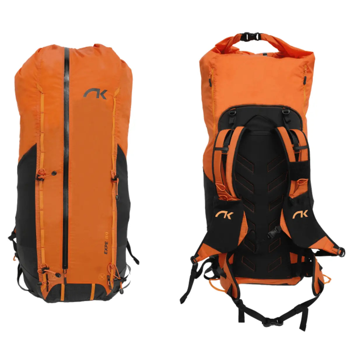 Niviuk Expe 110 Rucksack in leuchtendem Orange und Schwarz, mit gepolsterten Schultergurten und Hüftgurt für hohen Tragekomfort auf Expeditionen.