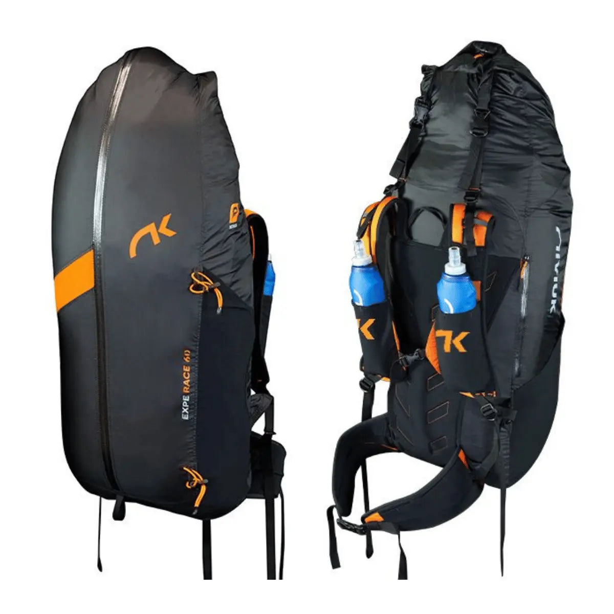 Niviuk Expe Race Hike & Fly Rucksack in Schwarz mit orangefarbenen Akzenten, seitliche Flaschenhalter und Schultergurte