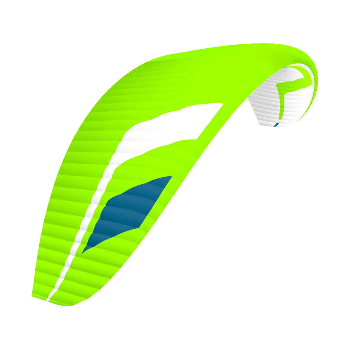 Leichtgewichtige, leuchtend grüne Gleitschirm-Konstruktion mit weißen und blauen Akzenten, ideal für fortgeschrittene Piloten.