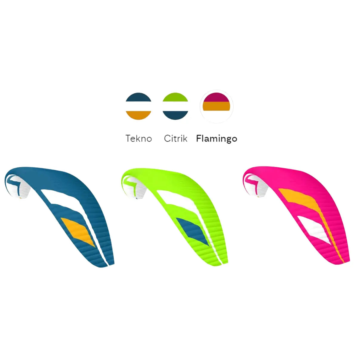Niviuk Hiko P Gleitschirm in den Farben Tekno (blau/orange), Citrik (grün/blau) und Flamingo (pink/gelb), mit sichtbaren Nähten und trapezförmigen Verzierungen.