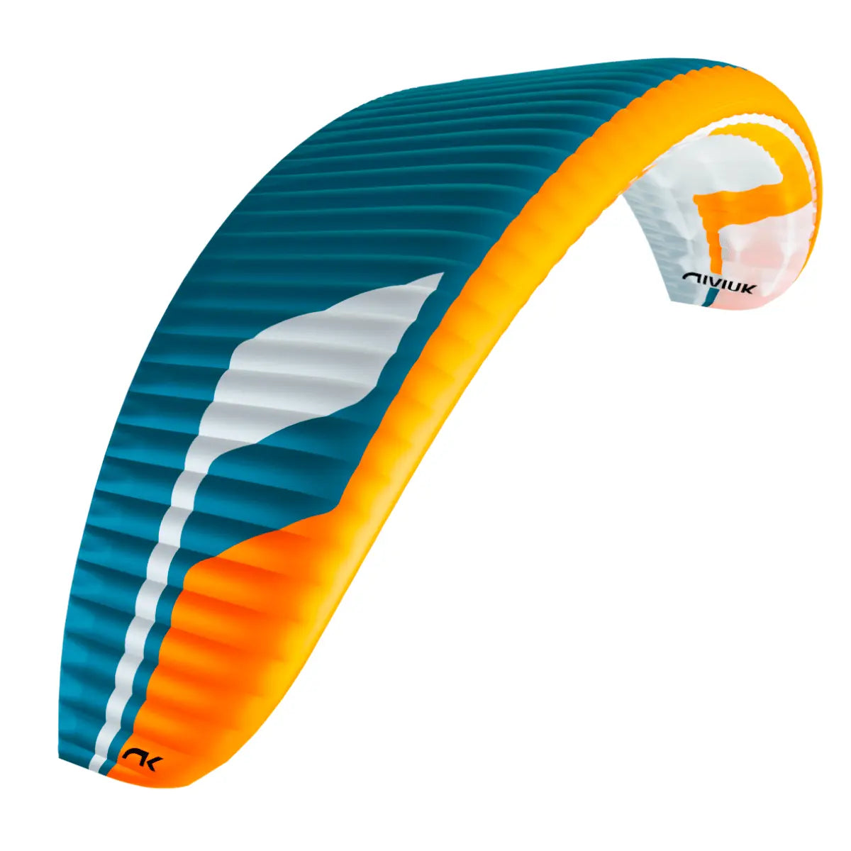 Blauer und oranger Niviuk Jester Parakite Gleitschirm mit weißen Akzenten, aerodynamische Form, für Flugbegeisterte.