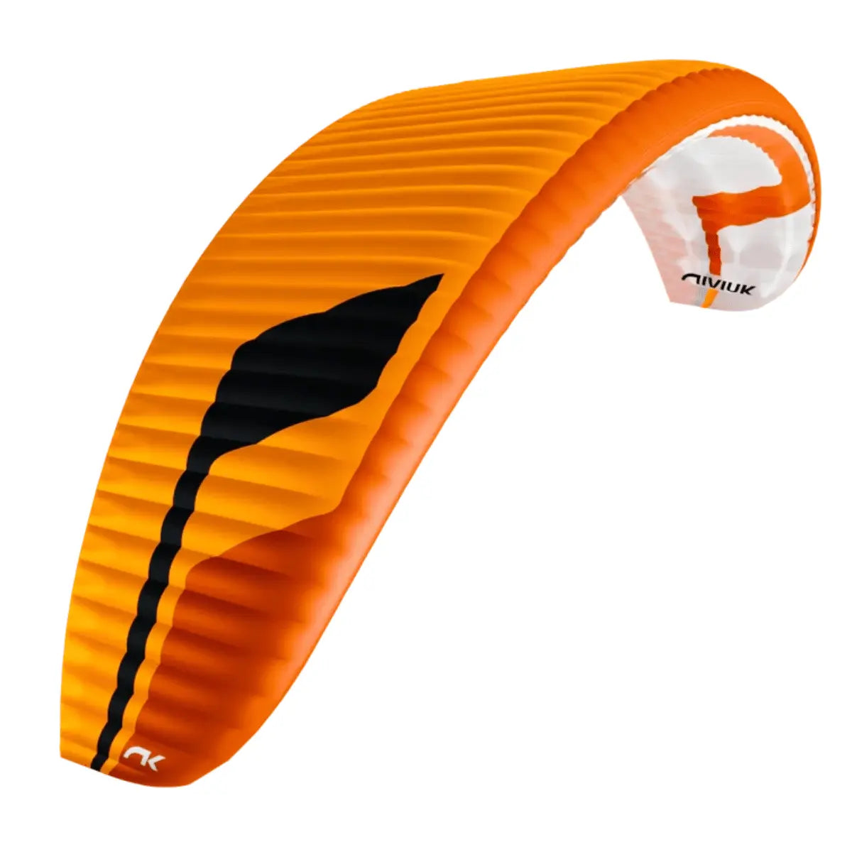 Orange und weißer Niviuk Jester Parakite Gleitschirm mit schwarzem Designelement, isoliert auf weißem Hintergrund.