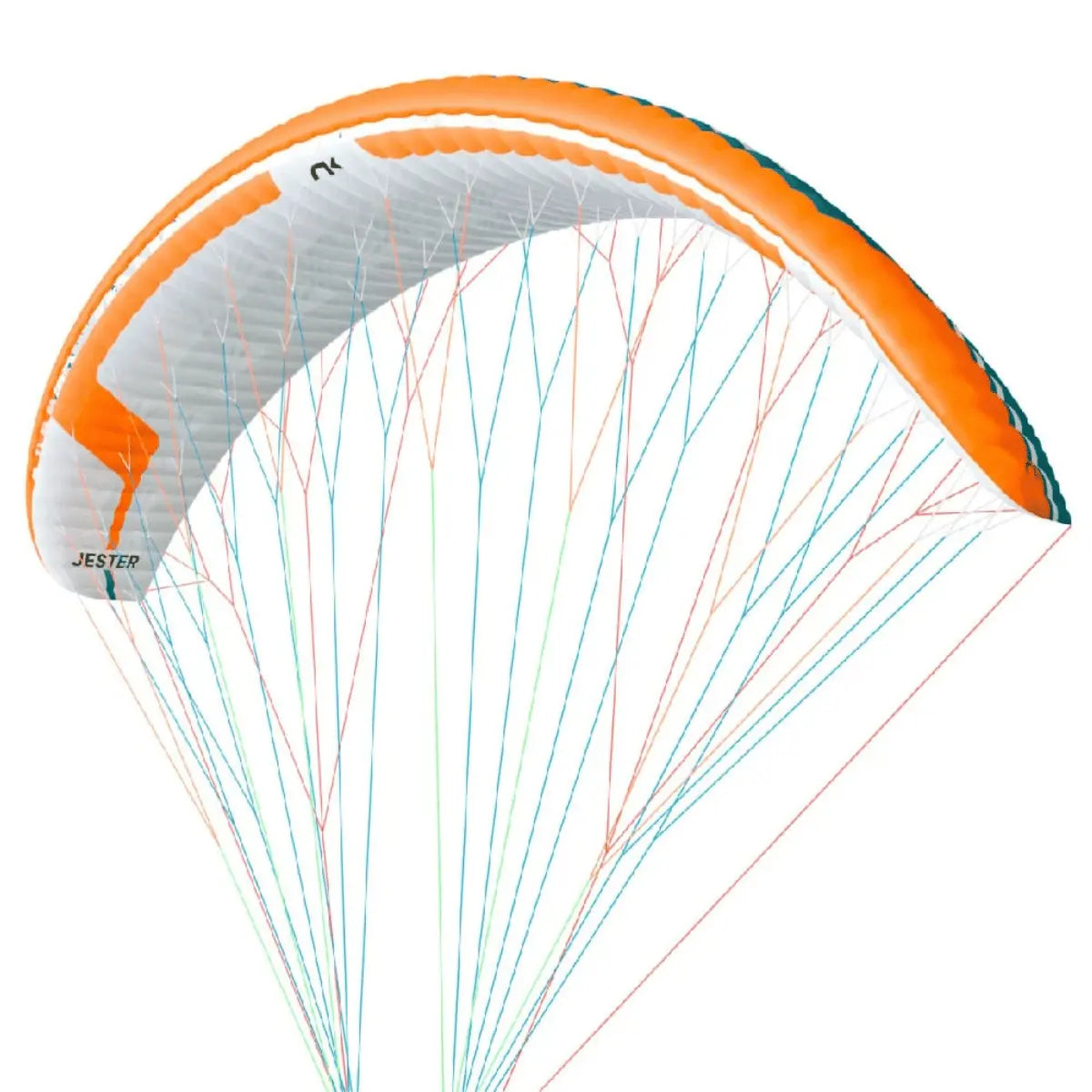 Orange und weißer Niviuk Jester Paragleiter mit vielen bunten Leinen, bereit zum Fliegen.