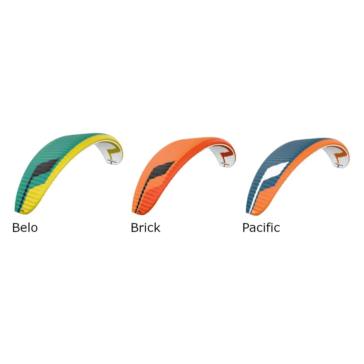Drei Niviuk Jester Parakites in den Farbvarianten Belo, Brick und Pacific, jeweils mit bunten Stoffbahnen und weißem Rand.