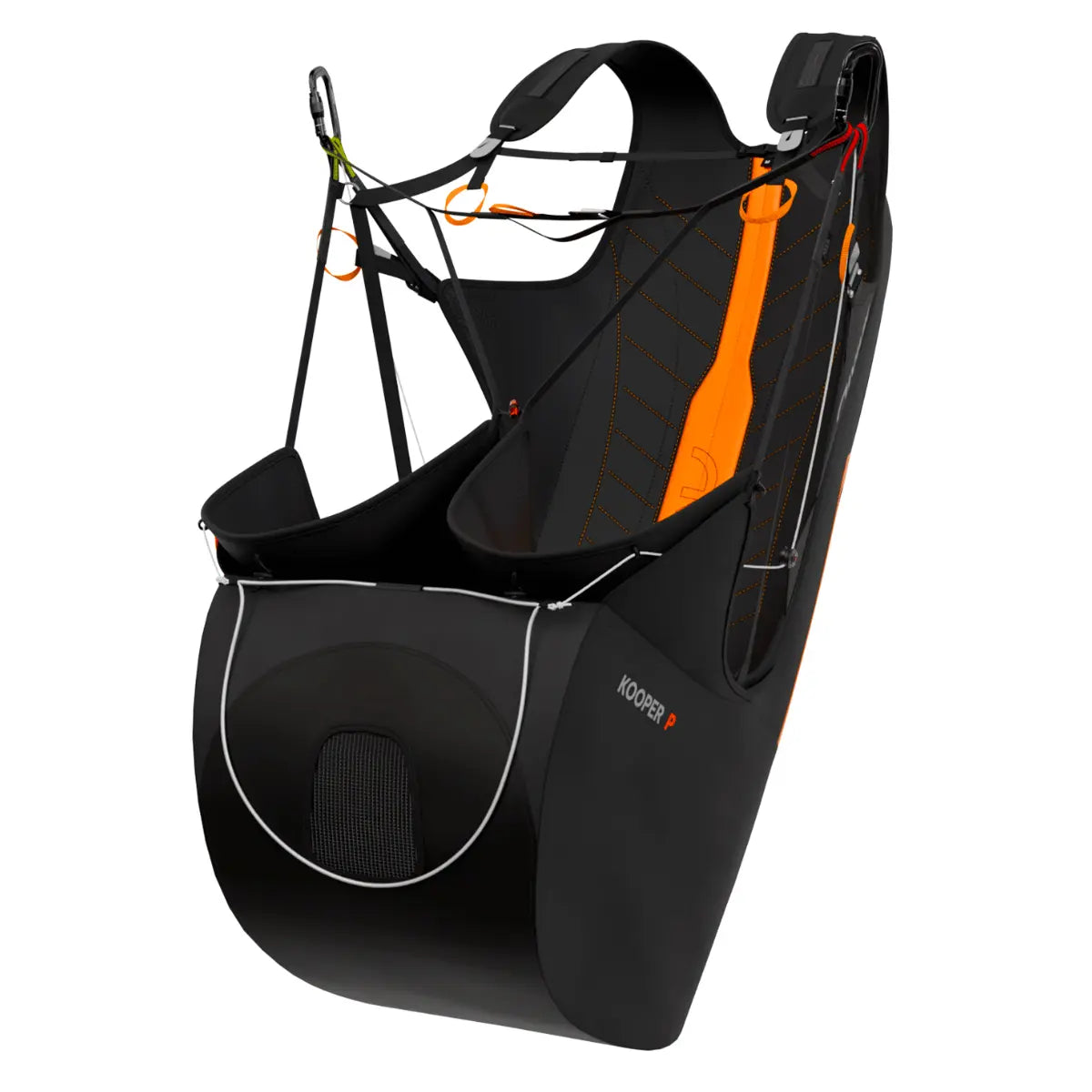 Ultraleichtes Wendegurtzeug Niviuk Kooper P in Schwarz und Orange, mit Netzgewebe und sichtbaren Nähten, bereit zum Fliegen.
