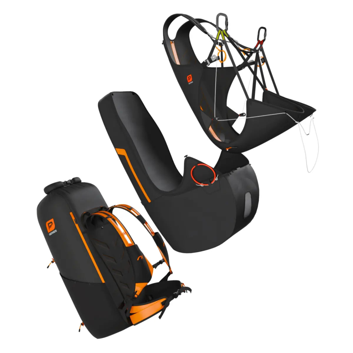 Niviuk Kooper P ultraleichtes Wendegurtzeug in Schwarz und Orange, bestehend aus Gurtzeug, Beinabdeckung und Rucksack, mit deutlichen orangefarbenen Akzenten.