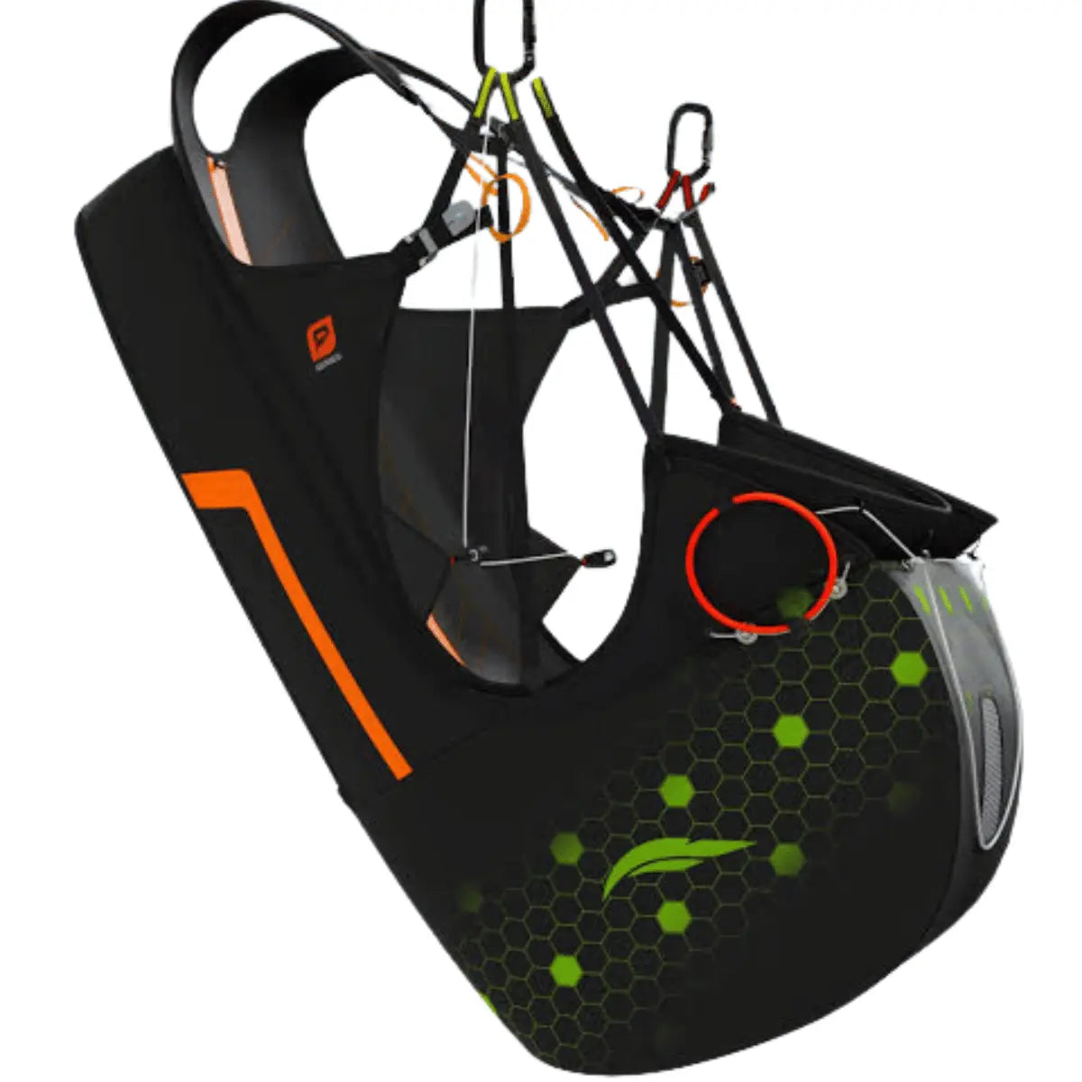 Schwarzes ultraleichtes Wendegurtzeug mit orangefarbenen Akzenten und grünem Wabenmuster, ideal für Paragliding.
