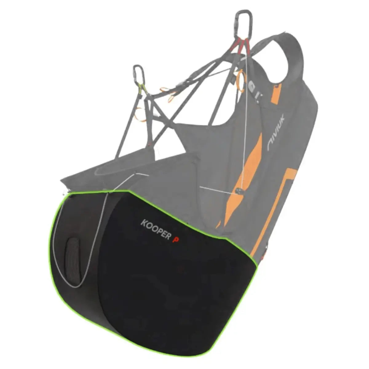 Niviuk Kooper P ultraleichtes Wendegurtzeug in Schwarz und Orange, mit sichtbaren Gurten und Karabinerhaken, ideal für Paragliding.