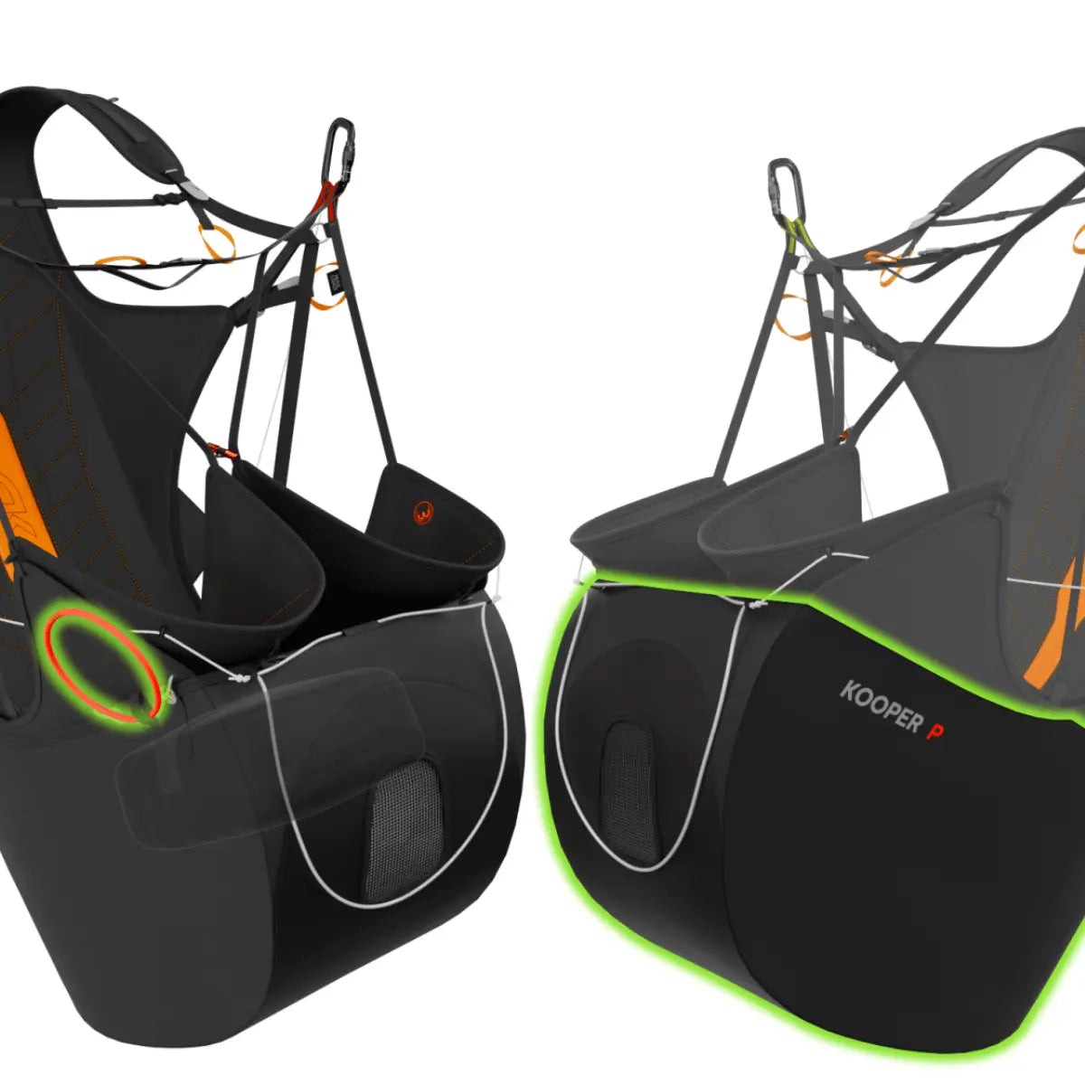 Niviuk Kooper P ultraleichtes Wendegurtzeug mit orangefarbenen Akzenten und Netzgewebe-Details, ideal für Paragliding.
