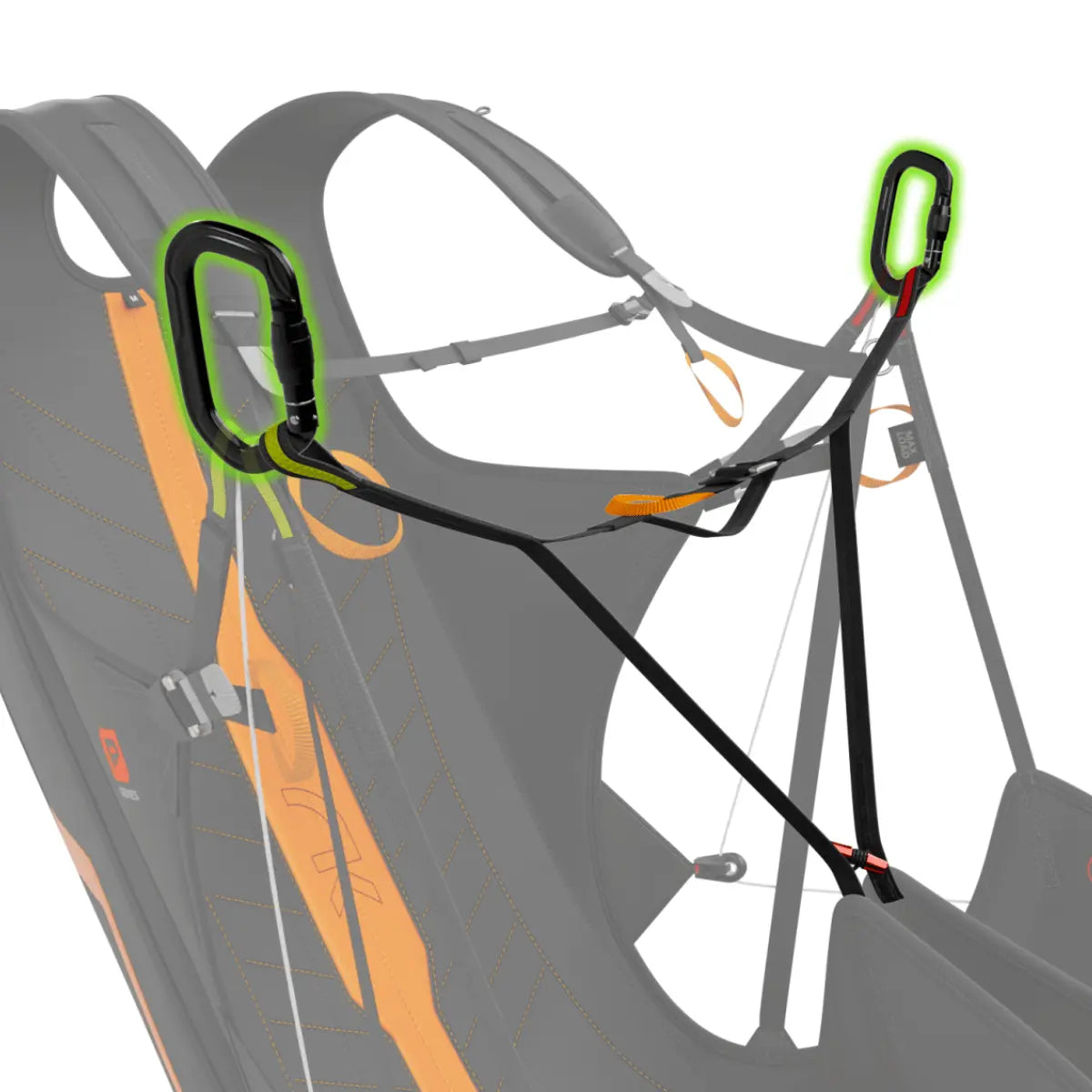 Ultraleichtes Wendegurtzeug Niviuk Kooper P mit zwei leuchtenden Karabinerhaken, ideal für Paragliding-Abenteuer.