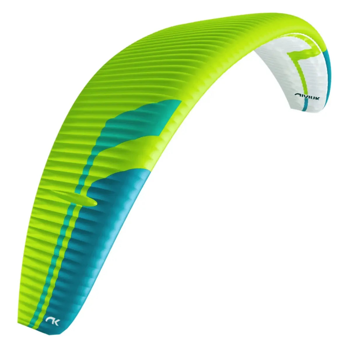 Niviuk Peak 7 (EN-D) Hochleistungs-Gleitschirm in leuchtendem Grün und Blau, aerodynamisch geformt für Wettkämpfe.