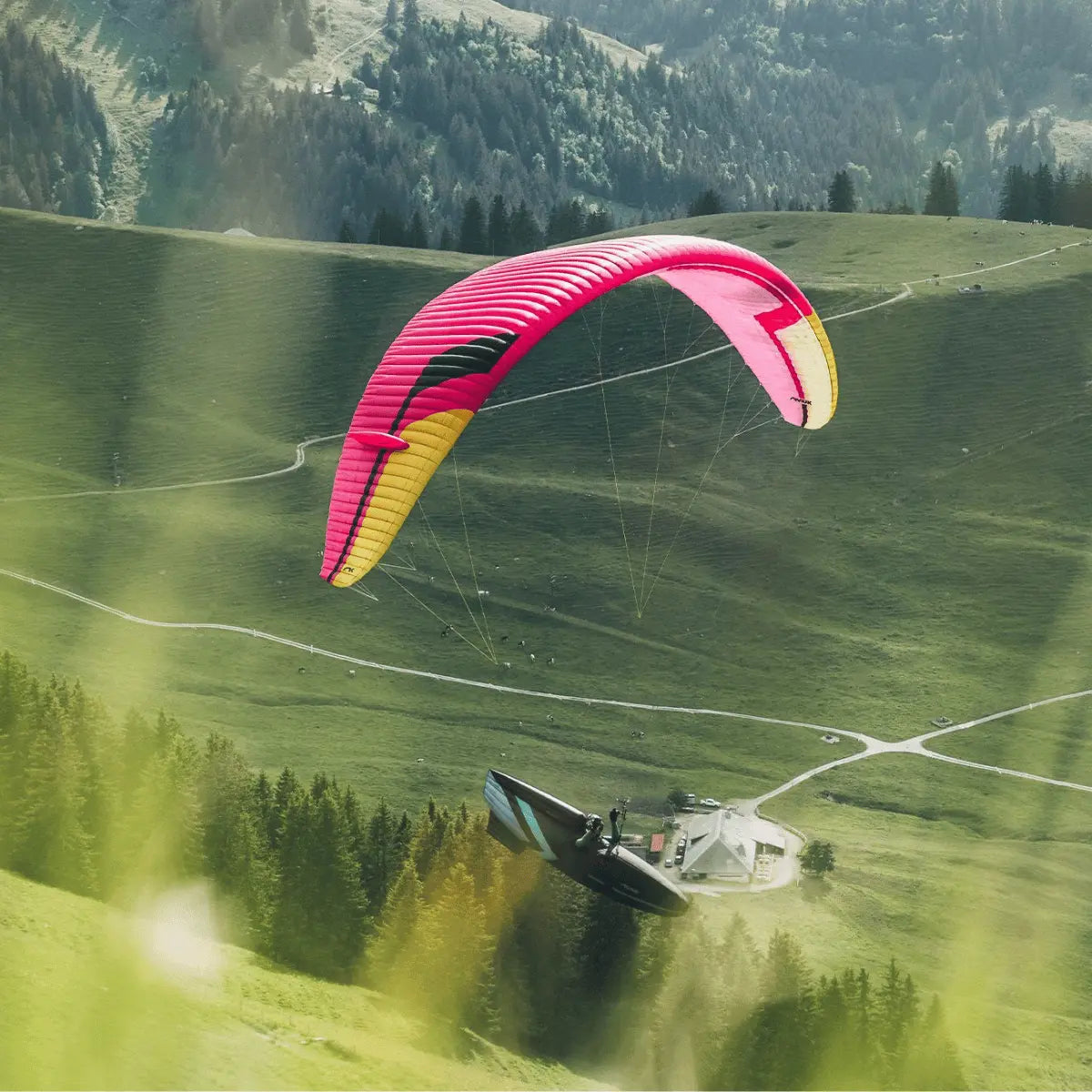 Niviuk Peak 7 (EN-D) Hochleistungs-Gleitschirm in Pink und Gelb fliegt über einer grünen Berglandschaft.