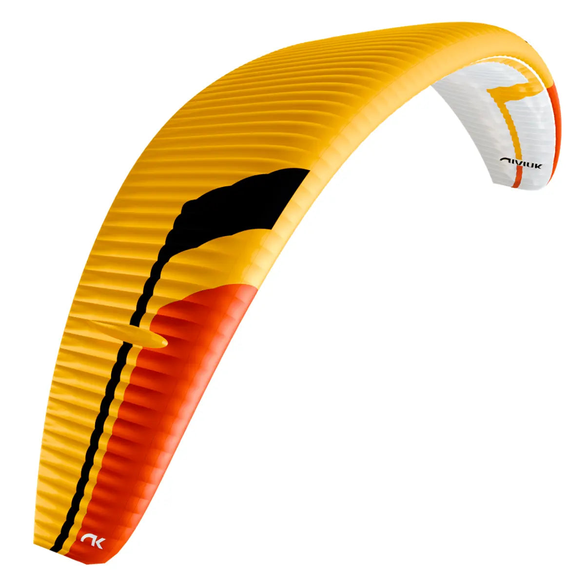 Leichtgewichtiger, hochleistungsfähiger Gleitschirm Niviuk Peak 7 in leuchtendem Gelb mit roten und orangen Akzenten und schwarzer Grafik.