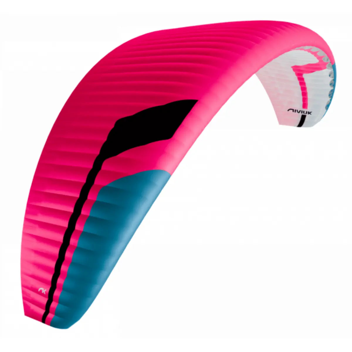 Zweifarbiges Tandem-Gleitschirmmodell Niviuk Takoo 6 in Pink und Türkis mit schwarzem Akzent, EN-B zertifiziert.
