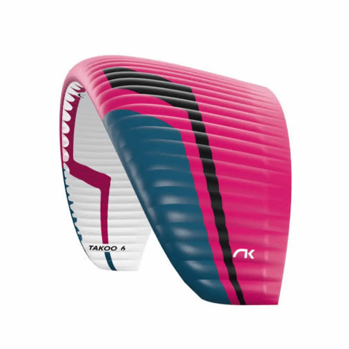 Niviuk Takoo 6 Tandemgleitschirm in Pink, Blau und Schwarz, mit dem Logo und Modellnamen auf weißem Hintergrund.