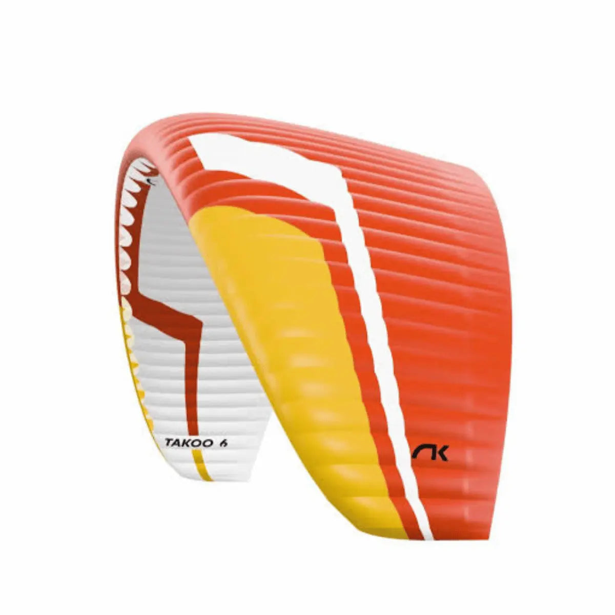 Niviuk Takoo 6 Tandem-Gleitschirm in Rot, Gelb und Weiß mit auffälligem Design, bereit für den Flug.