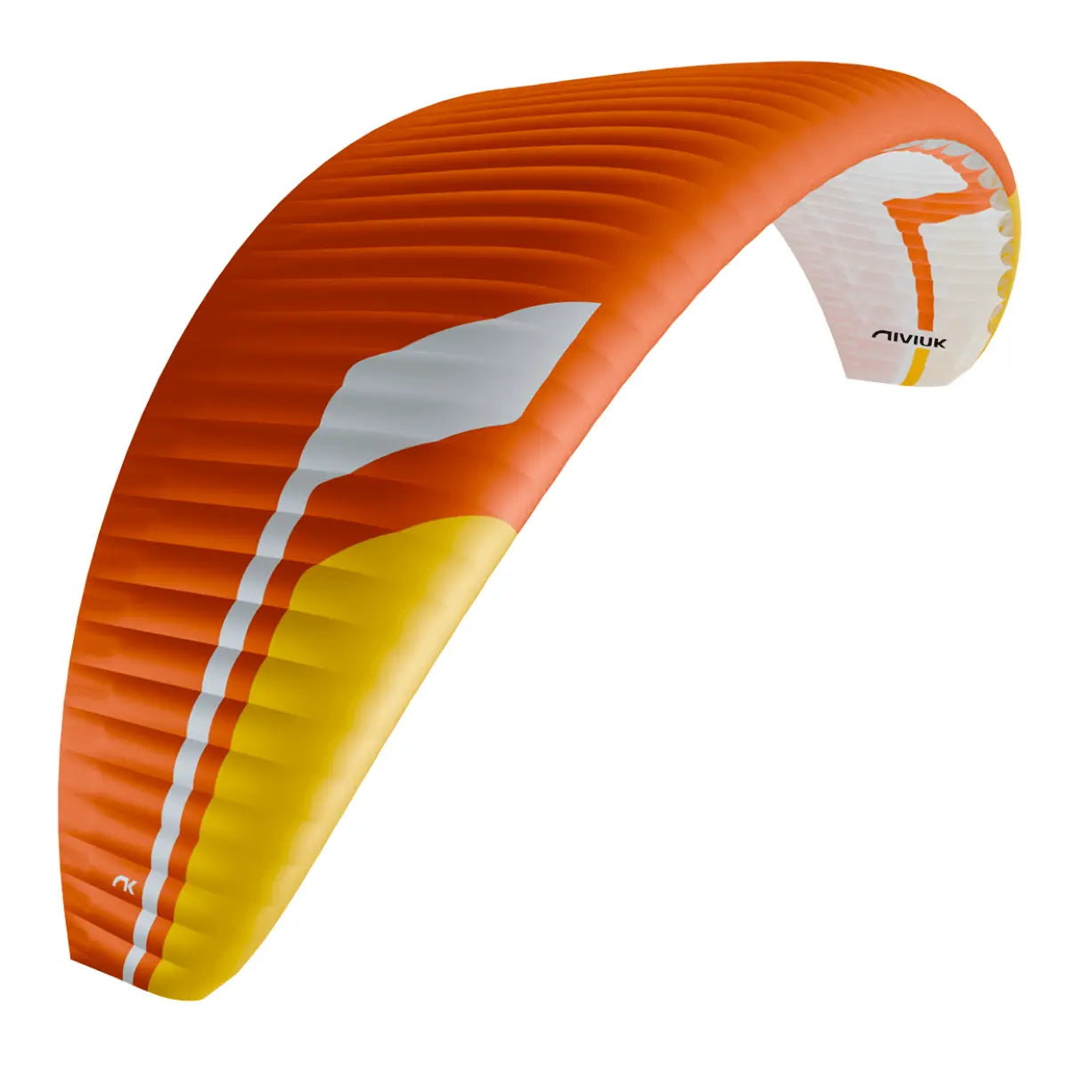 Orange und gelber Tandem-Gleitschirm Niviuk Takoo 6 mit weißer Akzentuierung und deutlichem Niviuk-Logo.