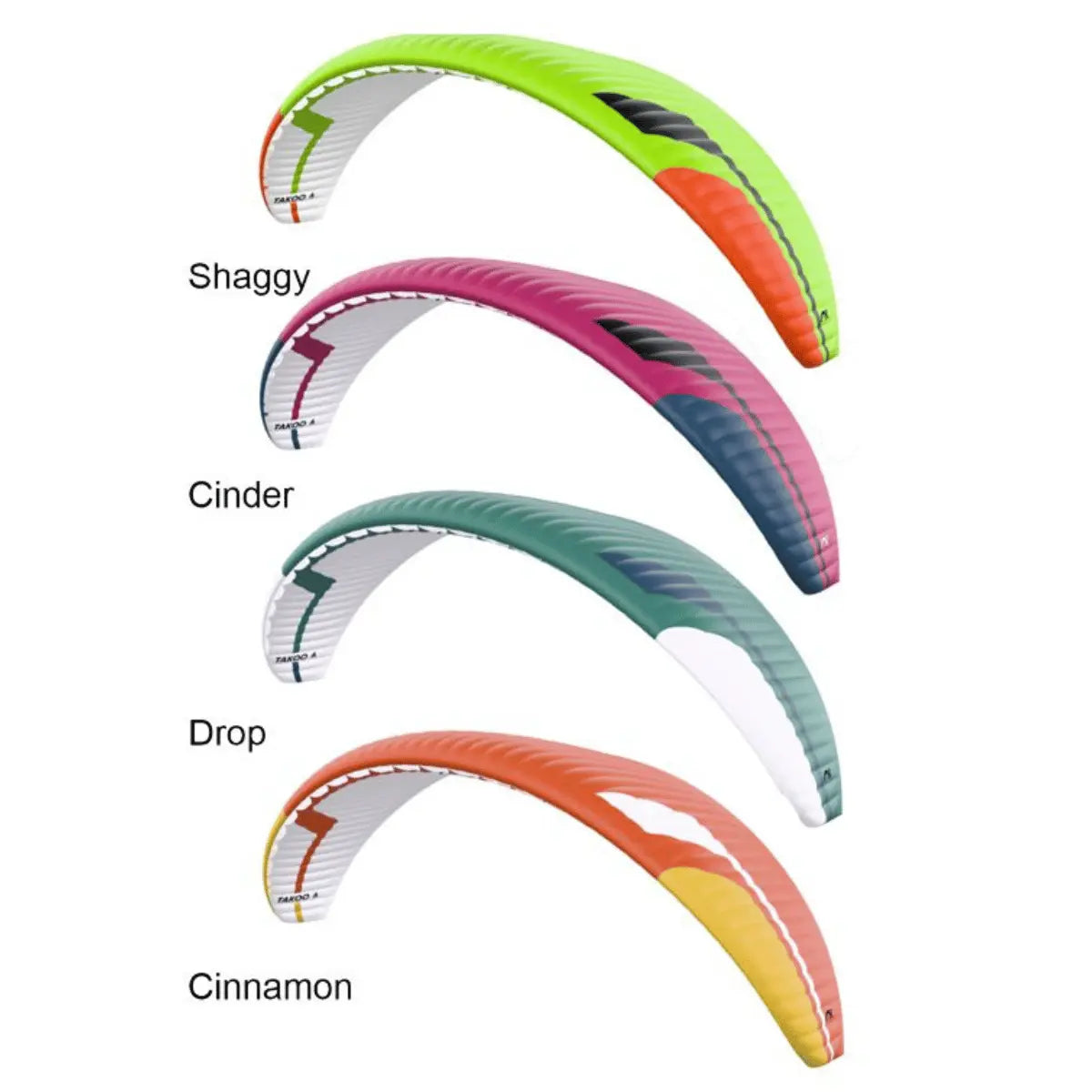 Vier Niviuk Takoo 6 Tandem-Gleitschirme in verschiedenen Farben: Limettengrün, Pink, Türkis und Orange, mit weißen Akzenten.