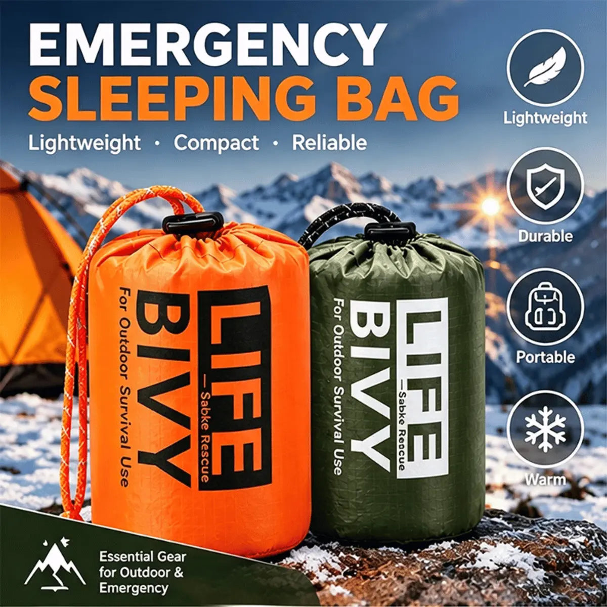 Zwei kompakte Notfall-Bivy-Schlafsäcke in Orange und Grün, leicht und tragbar, ideal für Outdoor- und Notfallsituationen.