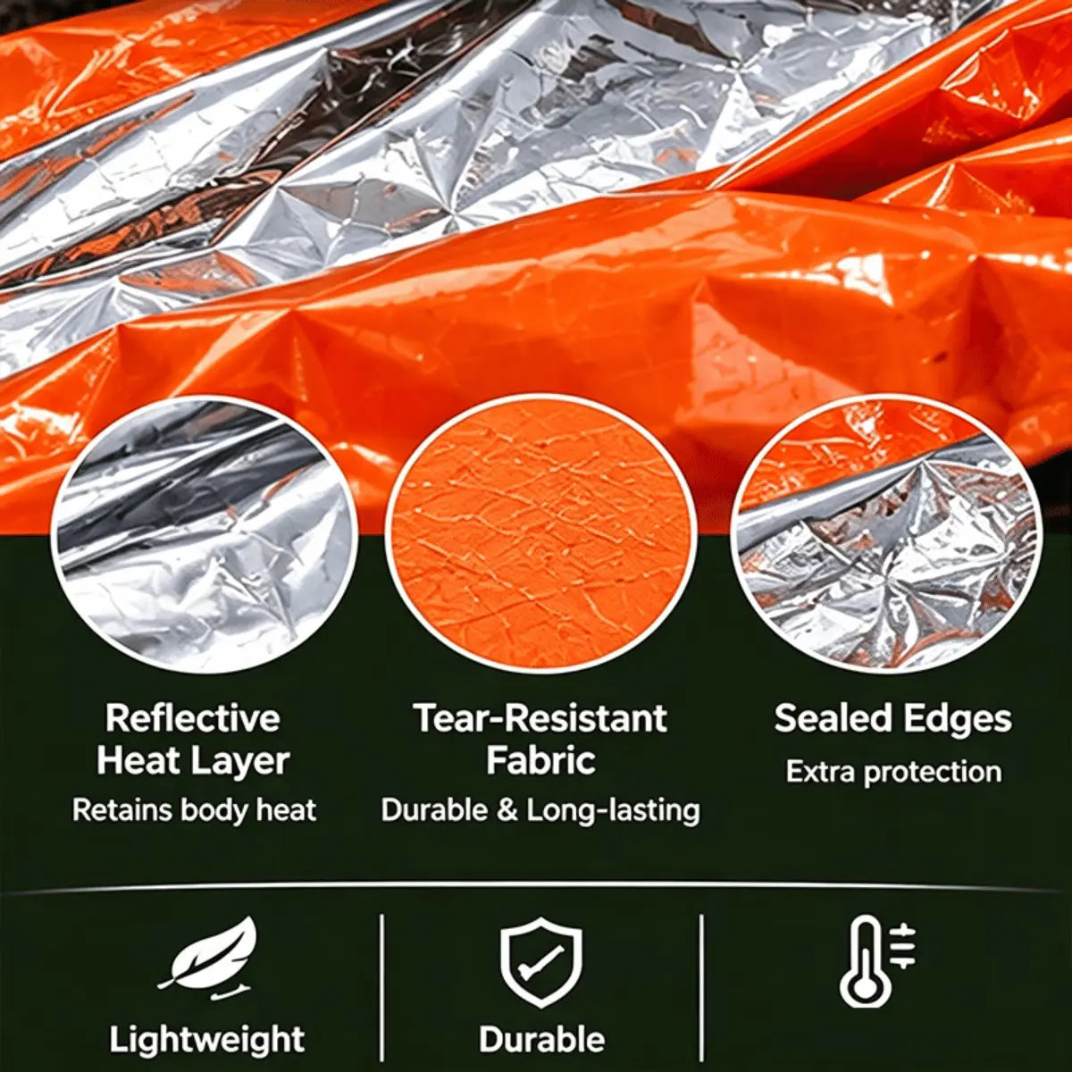 Orange Notfall Bivy Schlafsack aus reißfestem Material mit reflektierender Hitzeschicht und versiegelten Rändern für extra Schutz.