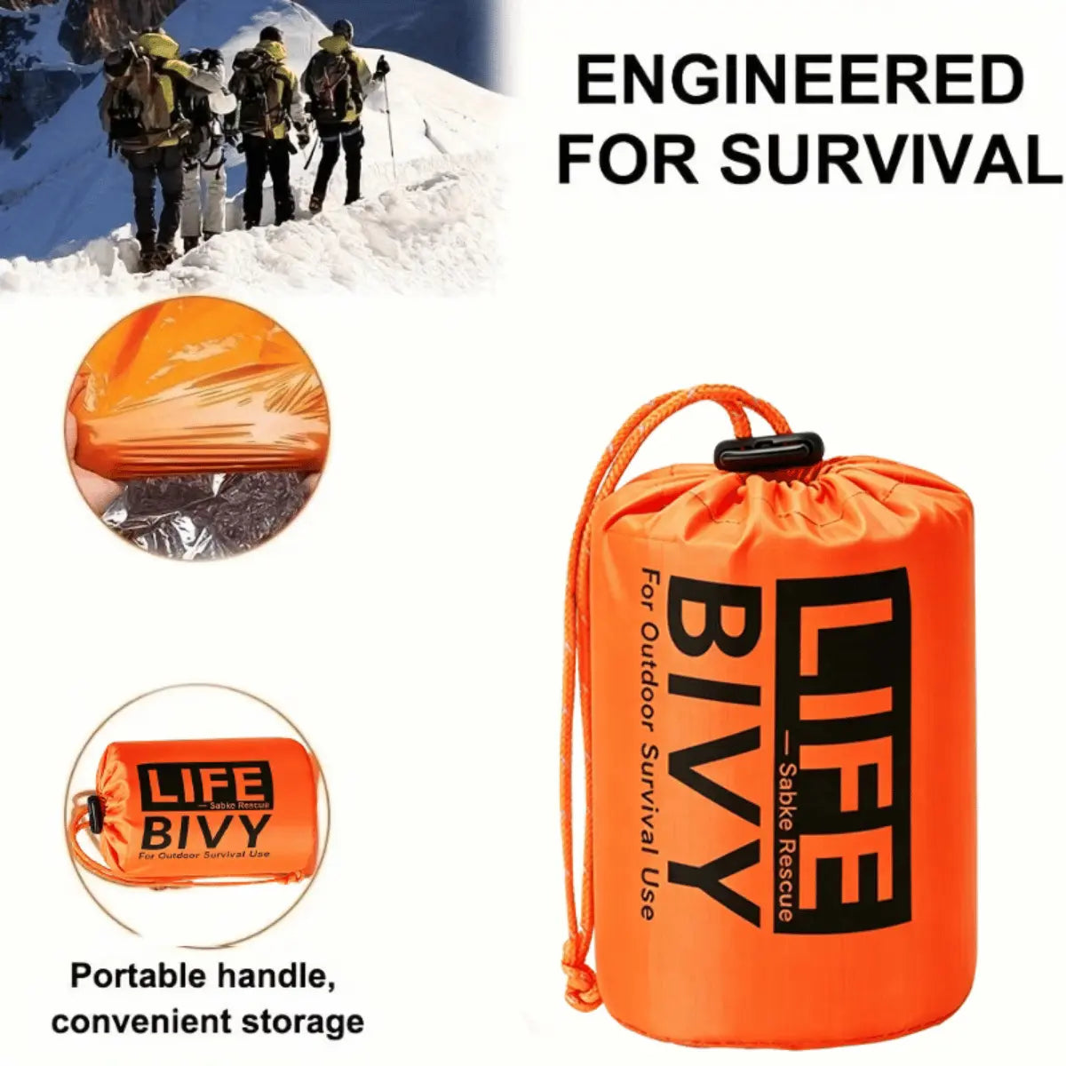 Orange Notfall Bivy Schlafsack für Outdoor-Überlebenssituationen, kompakt verpackt mit Kordelzug und Tragegriff, ideal für Notfälle.