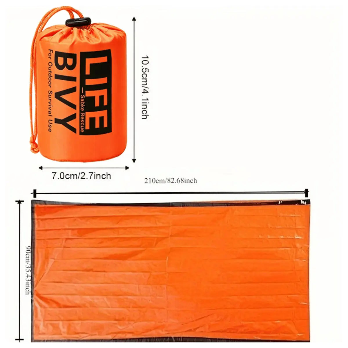 Kompakter orangefarbener Notfall-Bivy-Schlafsack für Outdoor-Survival, Maße 210 x 90 cm, leicht und wiederverwendbar.