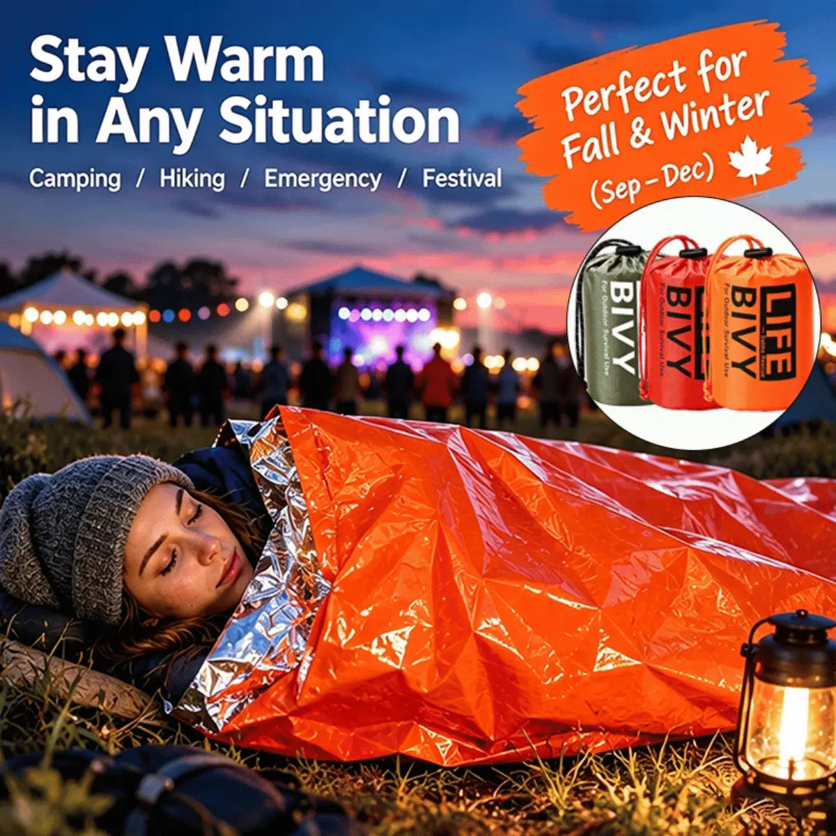 Orange Notfall Bivy Schlafsack aus reflektierendem Material, perfekt für Camping, Wandern und Notfälle, mit drei verschiedenen Farben im Hintergrund.