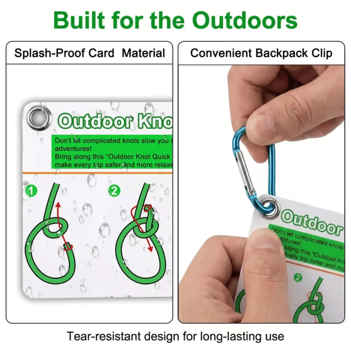 Outdoor Knoten-Guide: Spritzwassergeschützte Karte mit Anleitung für zwei Knoten, befestigt an einem Karabinerhaken.