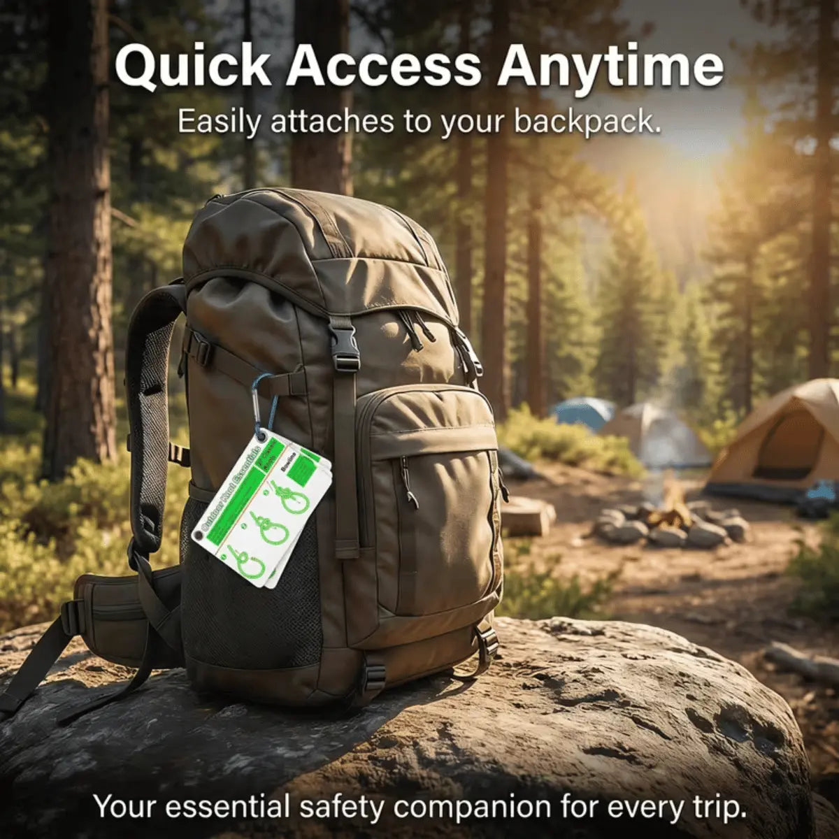Outdoor Knoten-Guide, ein wasserfester Leitfaden mit Knotenmustern, befestigt an einem Rucksack in einer Camping-Szene.