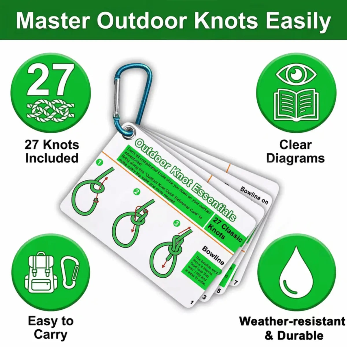 Outdoor Knoten-Guide mit 27 Knoten-Diagrammen, wetterfest, leicht zu tragen, mit Karabinerhaken.
